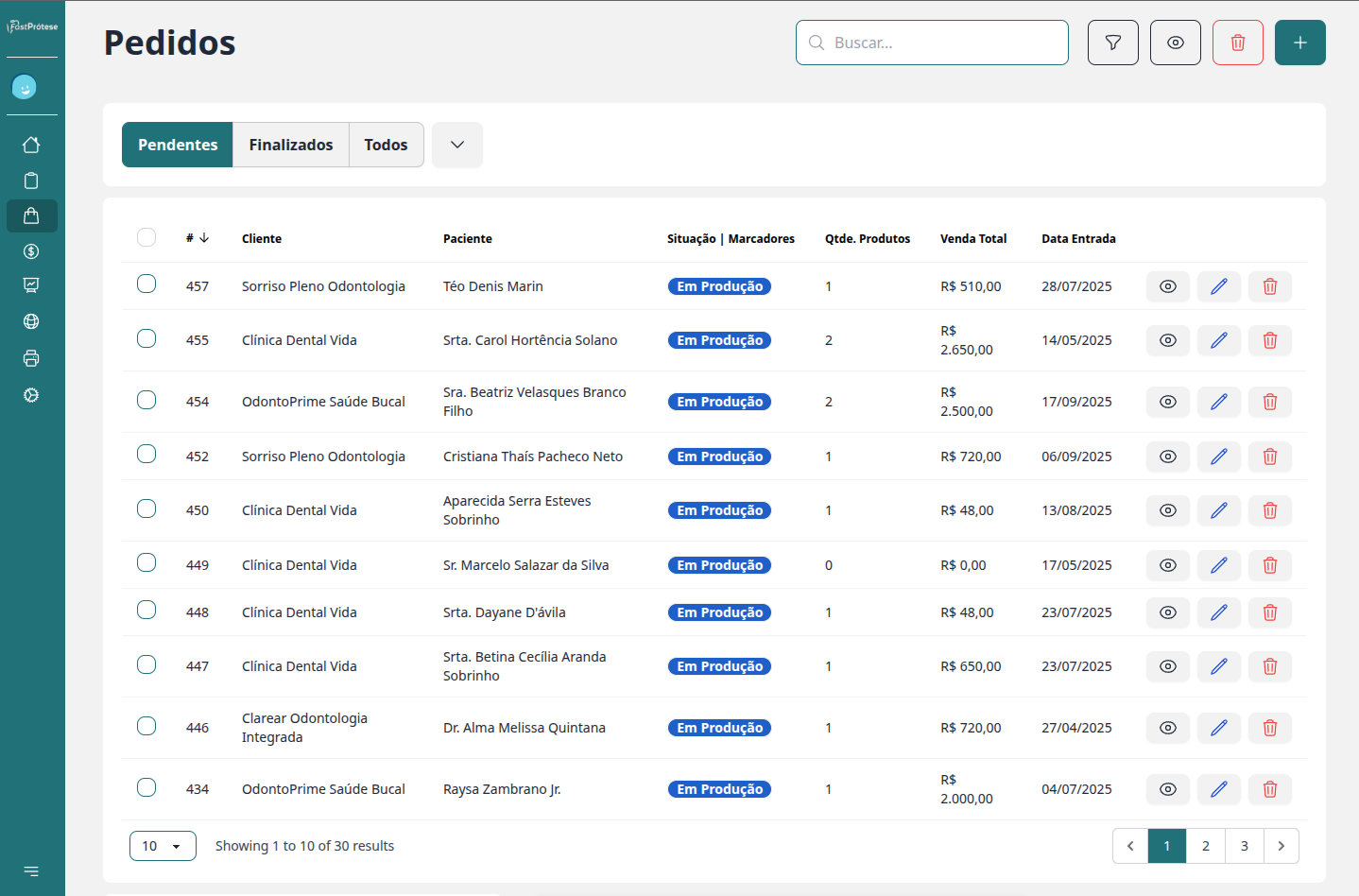 Listagem de pedidos com filtros e ações em lote